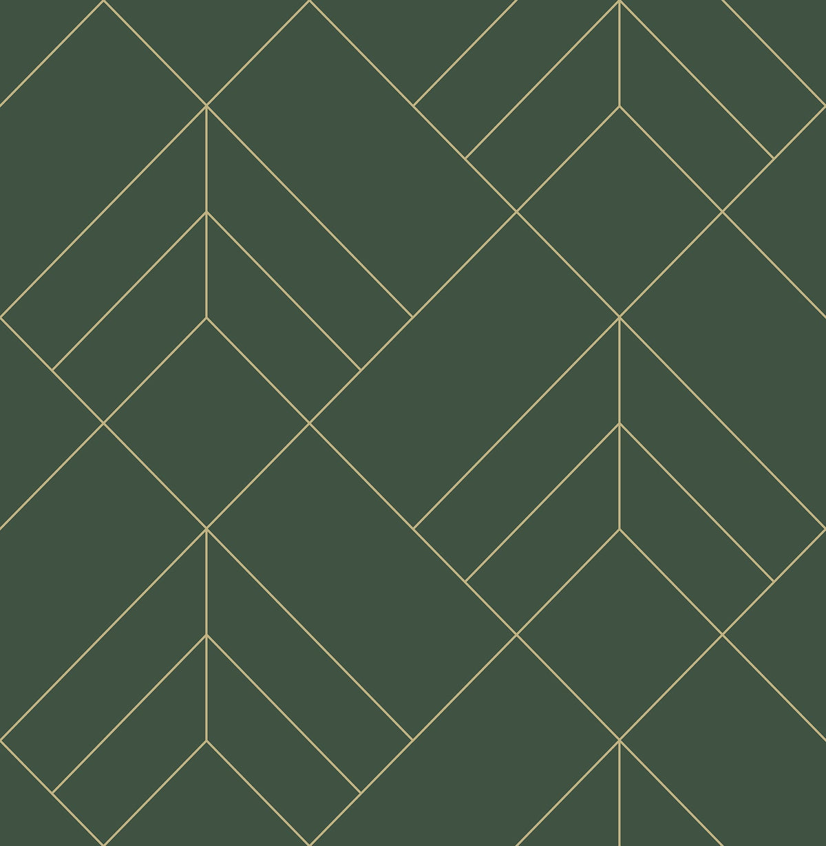 The Sander Geometric Wallpaper by York Wallcoverings features a dark green background adorned with a repeating, symmetrical arrangement of intersecting thin yellow lines that create diamonds, chevrons, and triangular geometric patterns.