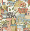 Introducing the Fika Blissful Birds & Blooms Wallpaper by York Wallcoverings, showcasing a colorful and whimsical pattern with birds, flowers, and potted plants in a variety of shapes and earthy hues—blue, green, red, and yellow—accented by intricate decorative touches and repeated botanical motifs.