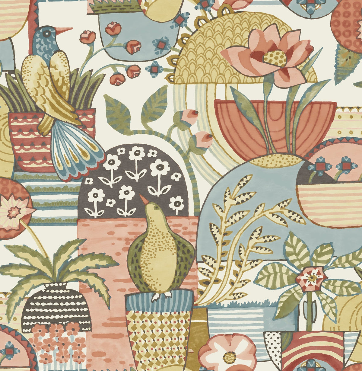 Introducing the Fika Blissful Birds & Blooms Wallpaper by York Wallcoverings, showcasing a colorful and whimsical pattern with birds, flowers, and potted plants in a variety of shapes and earthy hues—blue, green, red, and yellow—accented by intricate decorative touches and repeated botanical motifs.