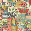 Bring a lively and whimsical botanical scene to your space with the Fika Blissful Birds & Blooms Wallpaper by York Wallcoverings, featuring colorful illustrations of birds, flowers, and leaves nestled in patterned pots of various shapes and designs.