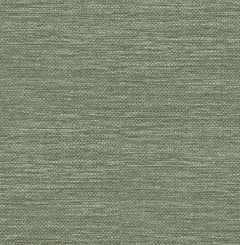 Close-up of the Malin Faux Grasscloth Wallpaper by York Wallcoverings, featuring a textured green surface with a subtle pattern of horizontal lines and color variations that mimic the look of woven fabric.