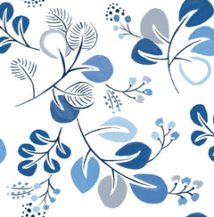 Introducing the Jonah Leaf Trail Wallpaper by York Wallcoverings, featuring a seamless design of blue and gray botanical leaves and berries painted in a watercolor style, artfully scattered across a crisp white background.