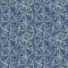 Chesapeake Sea Biscuit Sand Dollar Wallpaper by York Wallcoverings features a symmetrical, repeating pattern of circular sand dollar-like shapes in shades of blue and white, set against a textured blue background.