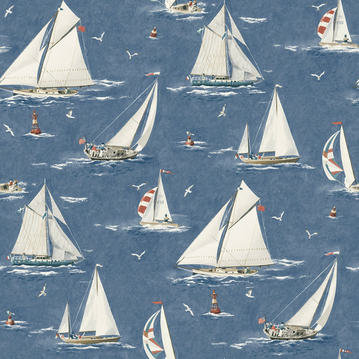 Chesapeake Leeward Sailboat Wallpaper by York Wallcoverings features a seamless pattern of sailboats with white sails gliding on blue water, accompanied by seagulls in flight and small lighthouses in the background. The design showcases a soft, hand-painted illustration style.