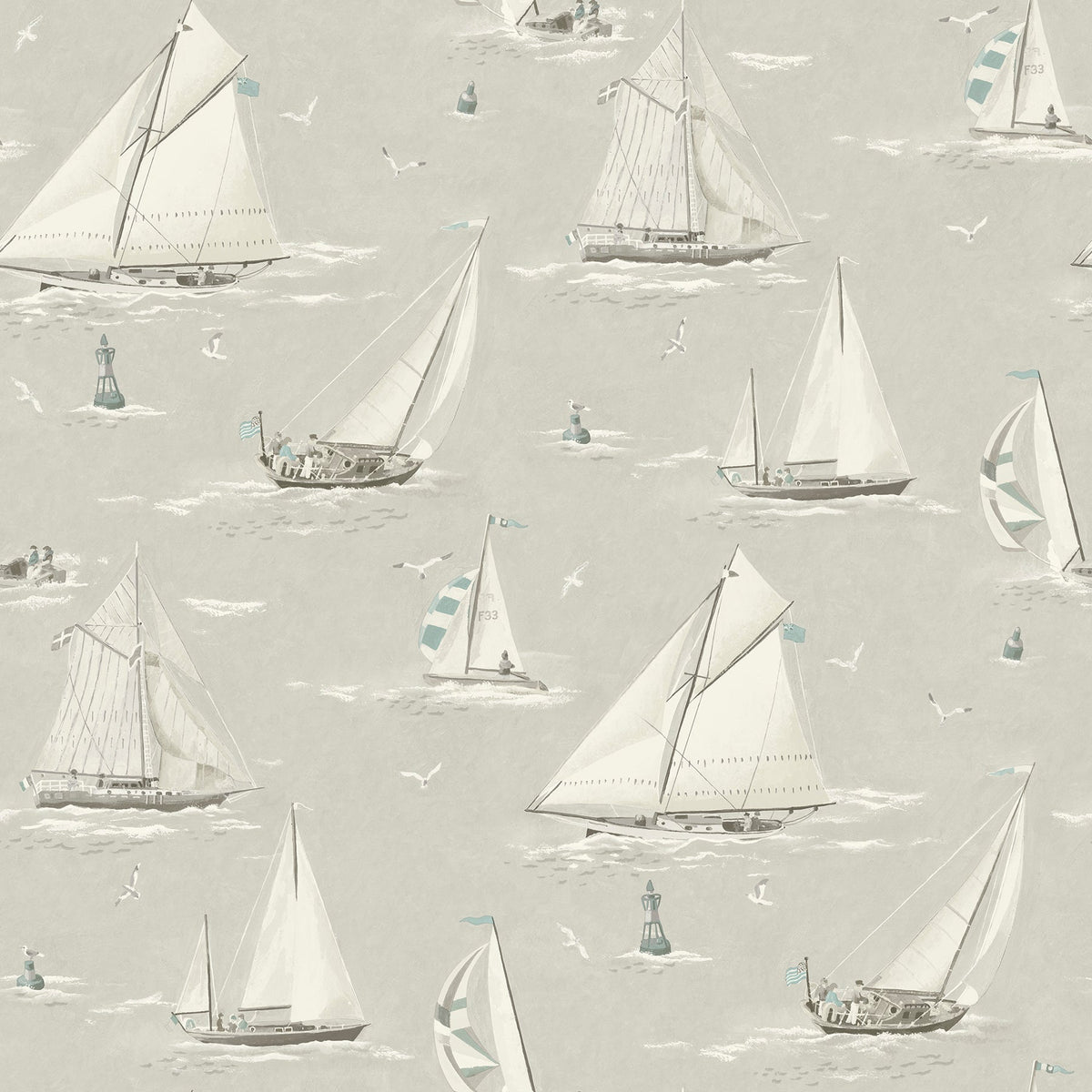 Featuring a patterned image of white sailboats and seagulls on a light gray background, the Chesapeake Leeward Sailboat Wallpaper by York Wallcoverings includes small blue and white flags on select boats, along with buoys and distant vessels for a nautical, seaside-inspired design.