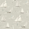 Introducing the Chesapeake Leeward Sailboat Wallpaper by York Wallcoverings, featuring a seamless pattern of sailboats and yachts gliding on calm water, with seagulls soaring above and delicate buoys scattered throughout, all set against a light gray background.