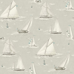 Introducing the Chesapeake Leeward Sailboat Wallpaper by York Wallcoverings, featuring a seamless pattern of sailboats and yachts gliding on calm water, with seagulls soaring above and delicate buoys scattered throughout, all set against a light gray background.