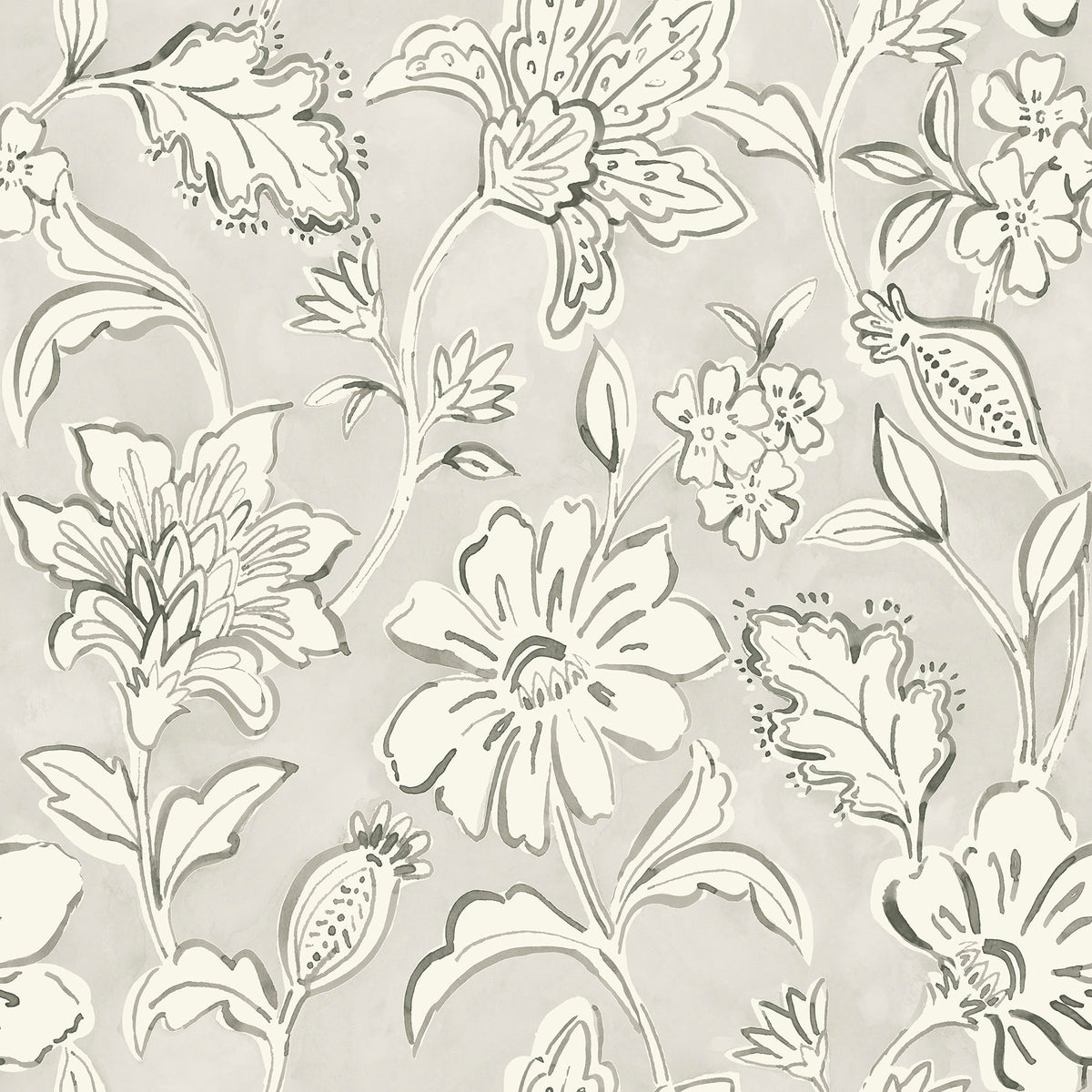 The Chesapeake Plumeria Floral Trail Wallpaper by York Wallcoverings showcases a monochrome floral pattern with large, detailed flowers, leaves, and buds set against a light gray background. This elegant design features various botanical shapes in fine outlines, creating a refined hand-drawn look.