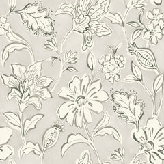 The Chesapeake Plumeria Floral Trail Wallpaper by York Wallcoverings features a gray and white floral pattern with large, stylized flowers and leaves outlined in a sketch-like style on a light background.
