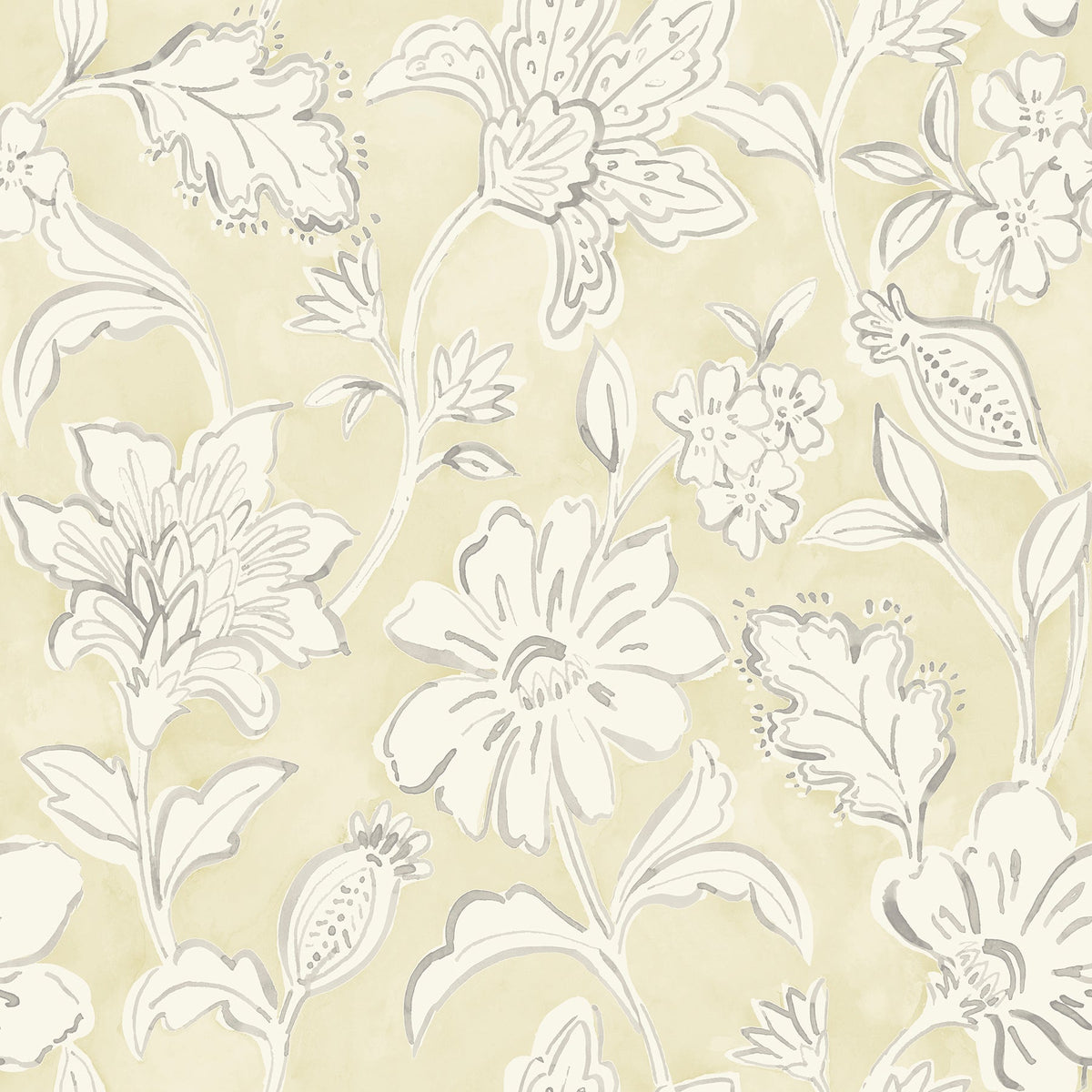 The Chesapeake Plumeria Floral Trail Wallpaper by York Wallcoverings features a beige background adorned with white and light gray hand-drawn, vintage-style floral patterns, showcasing large, detailed flowers, buds, and leaves.