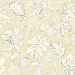The Chesapeake Plumeria Floral Trail Wallpaper by York Wallcoverings features a beige background adorned with white and light gray hand-drawn, vintage-style floral patterns, showcasing large, detailed flowers, buds, and leaves.