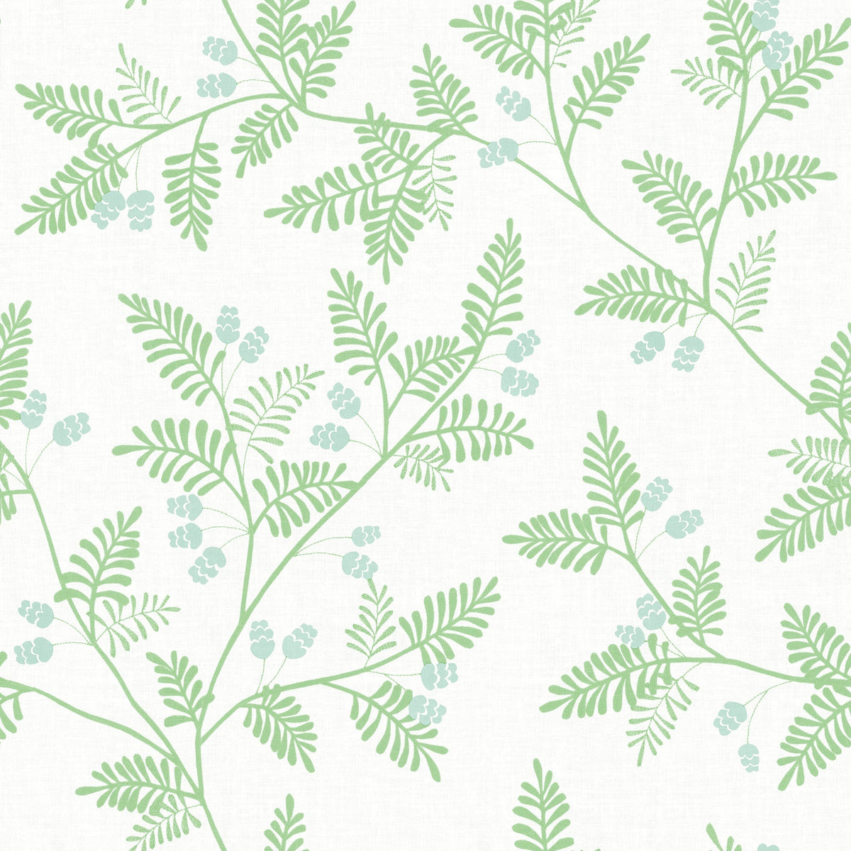 Ardell Botanical Wallpaper by York Wallcoverings features a repeating pattern of light green leafy branches adorned with clusters of small blue berries on a pale, off-white background.