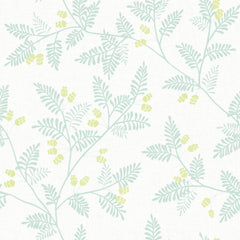 The Ardell Botanical Wallpaper by York Wallcoverings showcases a light green and yellow botanical pattern with delicate leafy branches and small clusters of berries set against a white background.