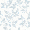 The Ardell Botanical Wallpaper by York Wallcoverings features a light blue botanical pattern with fern-like leaves and small clusters of berries on a white background, creating a soft, delicate, and repeating design.