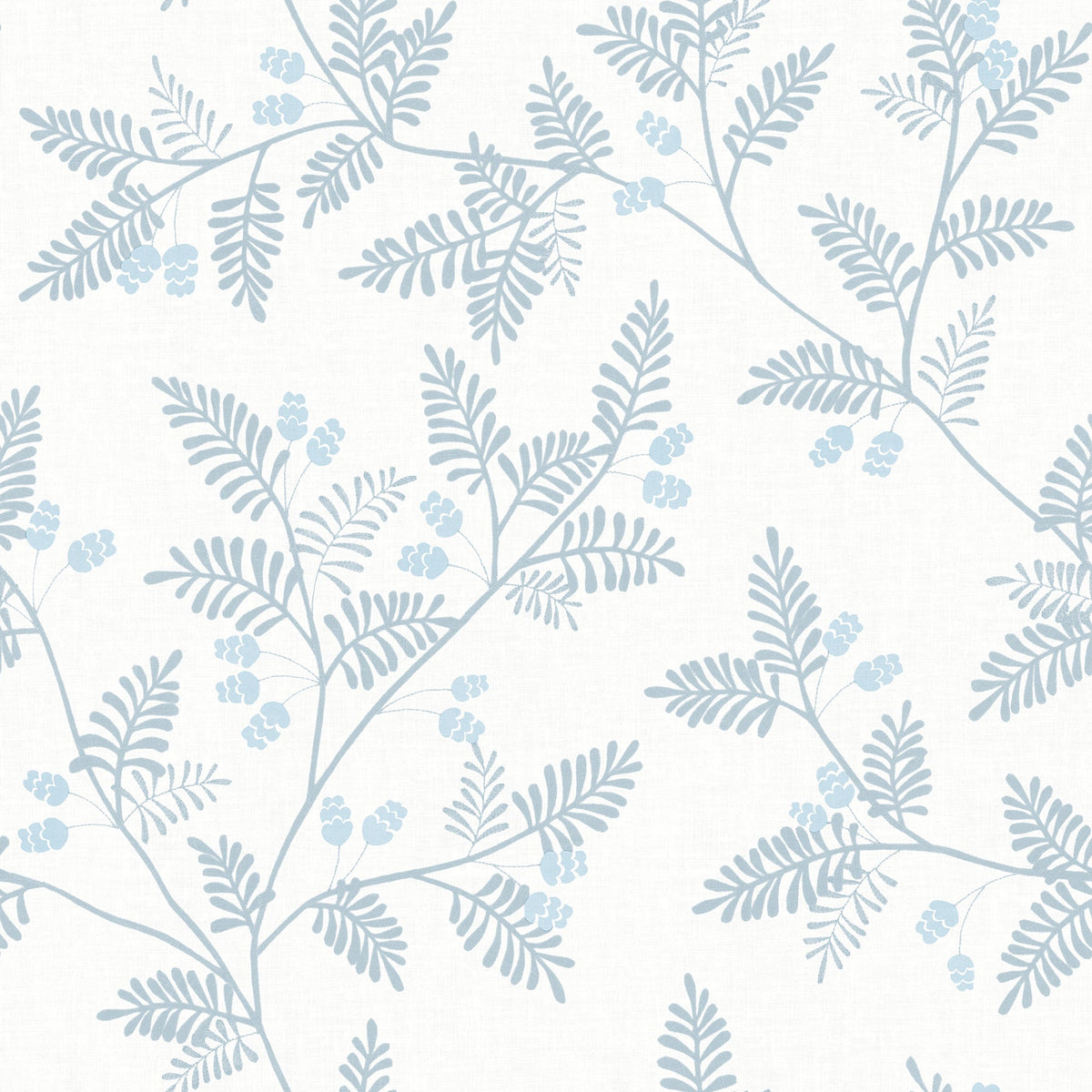 The Ardell Botanical Wallpaper by York Wallcoverings features a light blue botanical pattern with fern-like leaves and small clusters of berries on a white background, creating a soft, delicate, and repeating design.