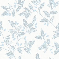 The Ardell Botanical Wallpaper by York Wallcoverings features a light blue botanical pattern with fern-like leaves and small clusters of berries on a white background, creating a soft, delicate, and repeating design.