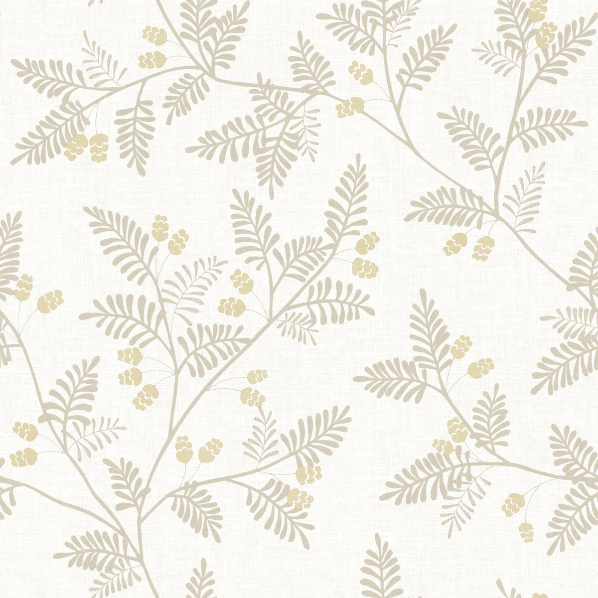 The Ardell Botanical Wallpaper by York Wallcoverings features beige branches adorned with small leaves and clusters of yellow berries, all arranged in a repeating pattern on a light, textured background.