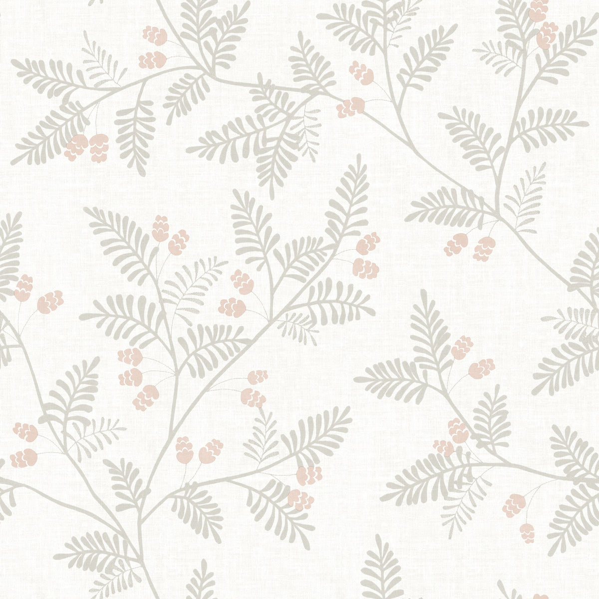 Ardell Botanical Wallpaper by York Wallcoverings features a light beige background adorned with a subtle pattern of delicate grayish branches and pale pink berries, creating a soft, botanical, and minimalist design.