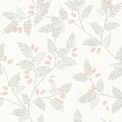 Ardell Botanical Wallpaper by York Wallcoverings features a light beige background adorned with a subtle pattern of delicate grayish branches and pale pink berries, creating a soft, botanical, and minimalist design.