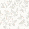 Introducing the Ardell Botanical Wallpaper by York Wallcoverings: featuring a beige background adorned with a repeating pattern of delicate, light gray fern-like leaves and clusters of small, pale pink berries. This subtle and airy design creates a soft, botanical aesthetic perfect for any space.