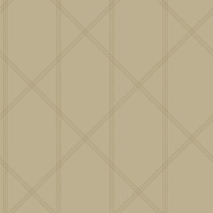 The Walcott Stitched Trellis Wallpaper by York Wallcoverings features a beige background adorned with a refined diamond pattern, created from thin, intersecting light brown lines for a subtle and elegant geometric grid effect.