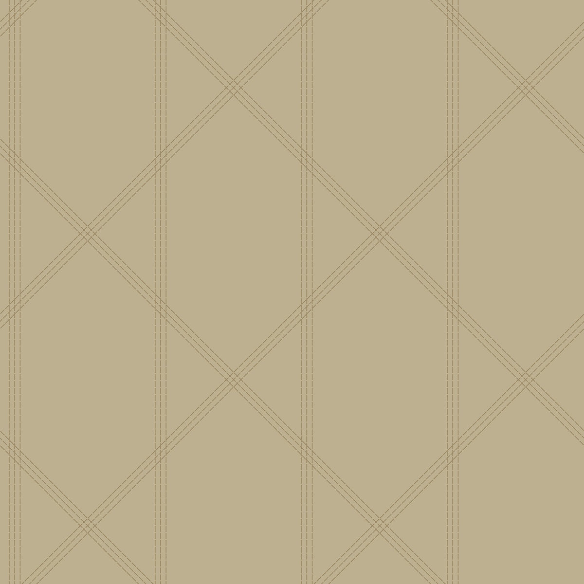 The Walcott Stitched Trellis Wallpaper by York Wallcoverings features a seamless beige background with a diamond-shaped plaid pattern formed by thin, intersecting taupe lines, creating a soft, subtle, and evenly spaced geometric look.