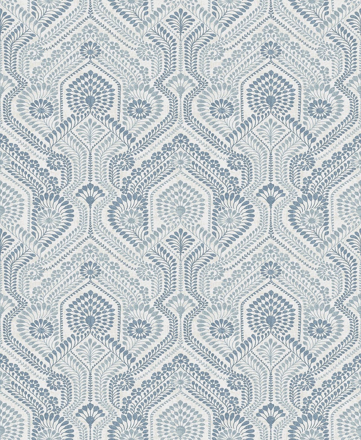 Featuring a blue and white floral damask pattern, the York Wallcoverings Fernback Ornate Botanical Wallpaper showcases symmetrical, intricate designs of flowers, leaves, and vines repeated throughout, creating a decorative vintage-style wallpaper effect.