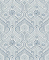 Introducing the Fernback Ornate Botanical Wallpaper by York Wallcoverings, featuring a blue and white floral geometric pattern with repeating stylized flowers and leaves, arranged in a symmetrical, vertically aligned design on a light background.