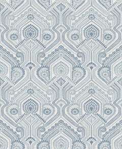 Introducing the Fernback Ornate Botanical Wallpaper by York Wallcoverings, featuring a blue and white floral geometric pattern with repeating stylized flowers and leaves, arranged in a symmetrical, vertically aligned design on a light background.