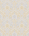 Fernback Ornate Botanical Wallpaper by York Wallcoverings features a repeating ornate pattern of geometric shapes, floral motifs, and fans in gold and light gray on a white background, creating an elegant, symmetrical Art Deco–inspired design.