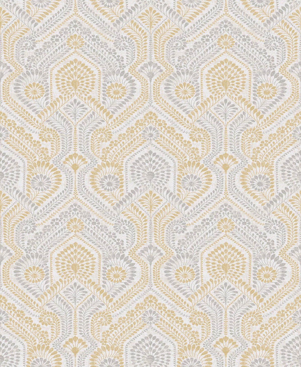 Fernback Ornate Botanical Wallpaper by York Wallcoverings features a repeating ornate pattern of geometric shapes, floral motifs, and fans in gold and light gray on a white background, creating an elegant, symmetrical Art Deco–inspired design.