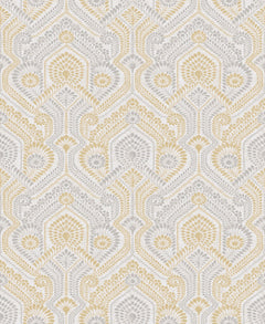 Fernback Ornate Botanical Wallpaper by York Wallcoverings features a repeating ornate pattern of geometric shapes, floral motifs, and fans in gold and light gray on a white background, creating an elegant, symmetrical Art Deco–inspired design.