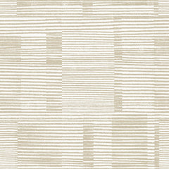 Callaway Woven Stripes Wallpaper by York Wallcoverings features a beige and white abstract pattern composed of horizontal and vertical lines, creating irregular rectangles and squares in a repetitive, grid-like design.