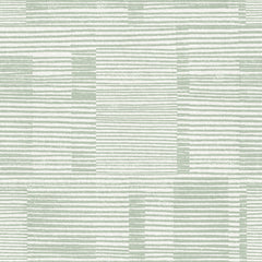 Callaway Woven Stripes Wallpaper by York Wallcoverings features a light green and white abstract pattern composed of horizontal and vertical lines in varying thicknesses, forming a geometric, grid-like design. These intersecting lines create textured, uneven rectangular blocks throughout the wallpaper.