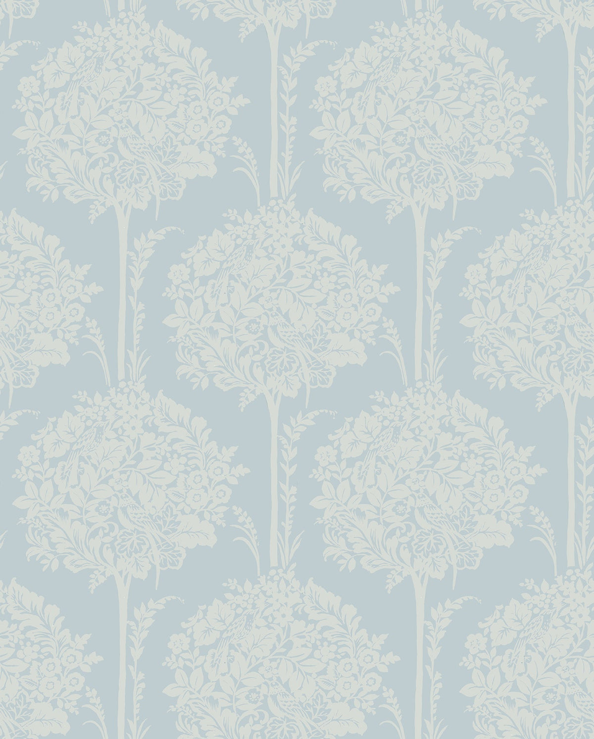 The Zaria Topiary Wallpaper by York Wallcoverings features a light blue backdrop adorned with repeating white floral and leaf motifs, arranged in circular bouquets with intricate, symmetrical details for a delicate, vintage-inspired look.