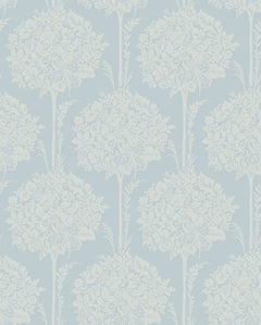 The Zaria Topiary Wallpaper by York Wallcoverings features a light blue backdrop adorned with repeating white floral and leaf motifs, arranged in circular bouquets with intricate, symmetrical details for a delicate, vintage-inspired look.