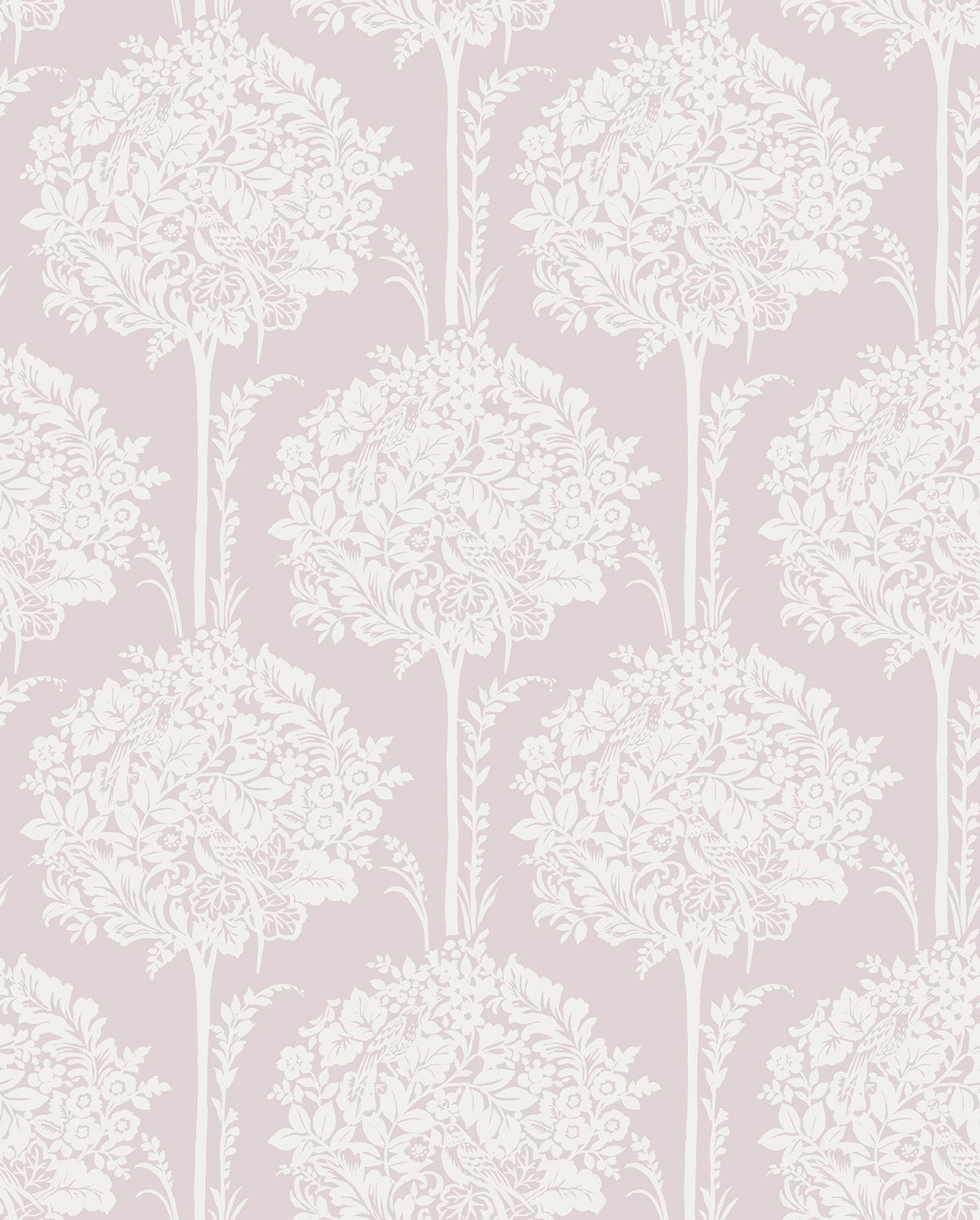 The Zaria Topiary Wallpaper by York Wallcoverings features an ornate white floral bouquet and leaf motif arranged in a seamless, repeating vertical pattern on a soft, pale pink background.