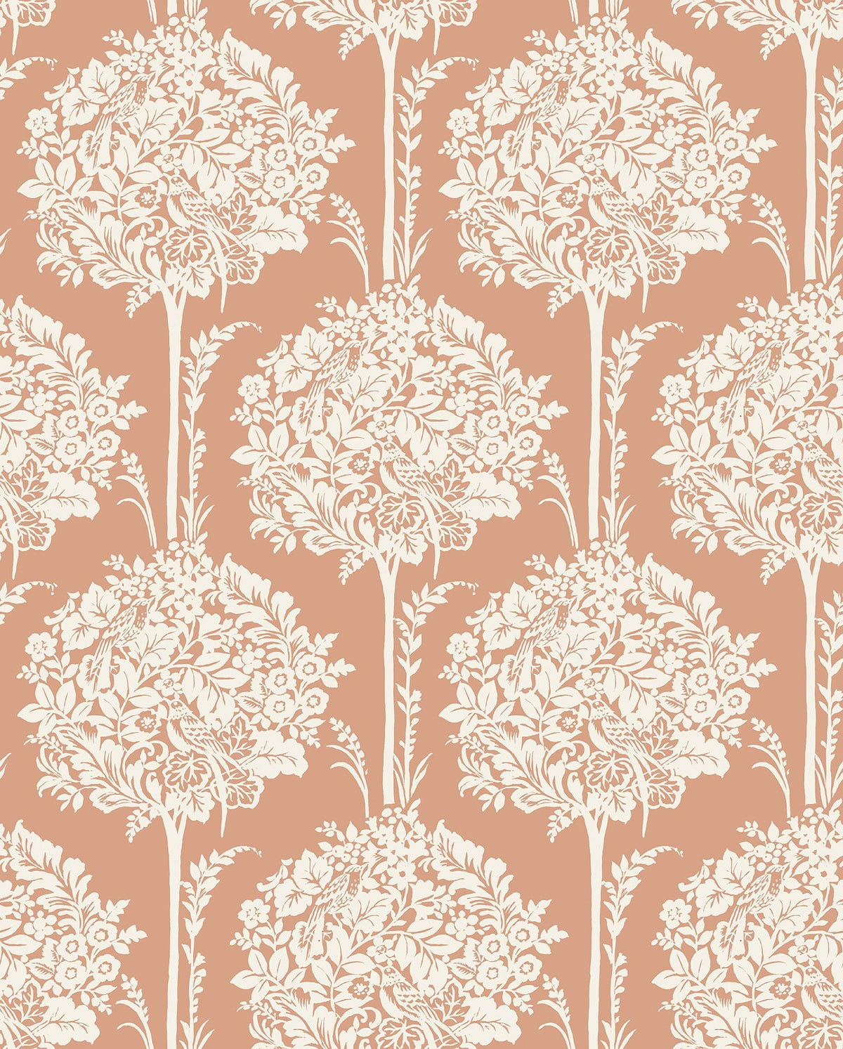 Introducing the Zaria Topiary Wallpaper by York Wallcoverings, featuring seamless white intricate bouquets and leaves arranged in vertical rows on a muted peach background for a vintage decorative look.