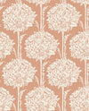 Introducing the Zaria Topiary Wallpaper by York Wallcoverings—a seamless pattern showcasing white floral bouquets arranged in vertical rows atop a muted terracotta background. This intricate design features leaves, flowers, and stems, offering a classic vintage aesthetic for any space.