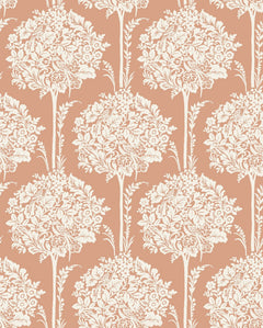 Introducing the Zaria Topiary Wallpaper by York Wallcoverings—a seamless pattern showcasing white floral bouquets arranged in vertical rows atop a muted terracotta background. This intricate design features leaves, flowers, and stems, offering a classic vintage aesthetic for any space.