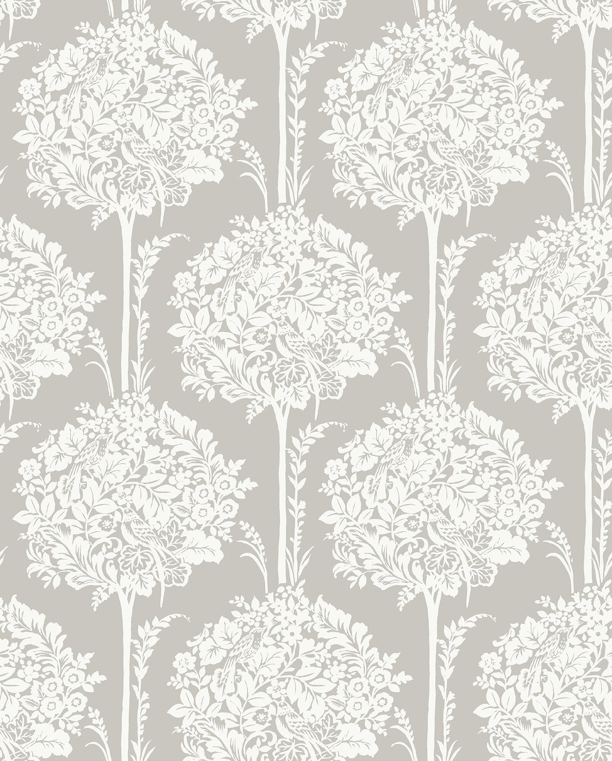 The Zaria Topiary Wallpaper by York Wallcoverings showcases a symmetrical, vintage-inspired design with repeating white, intricate tree-like motifs—featuring leaves and flowers—set against a light beige background.