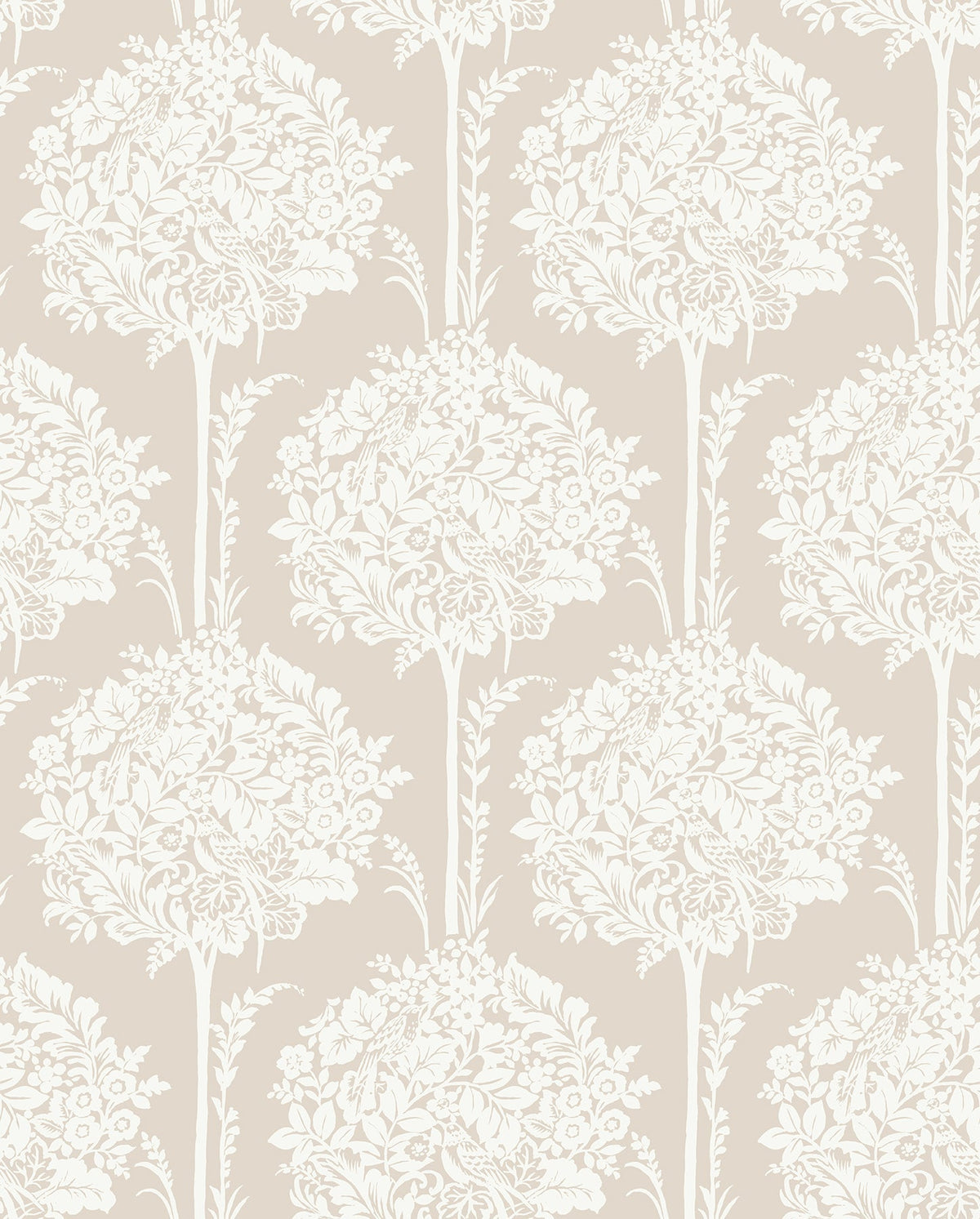 Discover the Zaria Topiary Wallpaper by York Wallcoverings, featuring a cream floral pattern with white botanical designs arranged symmetrically across a beige background. This elegant, vintage-inspired wallpaper beautifully repeats motifs of flowers and leaves for a timeless decorative style.