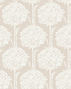 Discover the Zaria Topiary Wallpaper by York Wallcoverings, featuring a cream floral pattern with white botanical designs arranged symmetrically across a beige background. This elegant, vintage-inspired wallpaper beautifully repeats motifs of flowers and leaves for a timeless decorative style.
