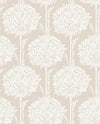 Zaria Topiary Wallpaper by York Wallcoverings features a beige background with a repeating white floral pattern showcasing large bouquets of flowers and leaves arranged in symmetrical vertical rows, creating an intricate and elegant design.