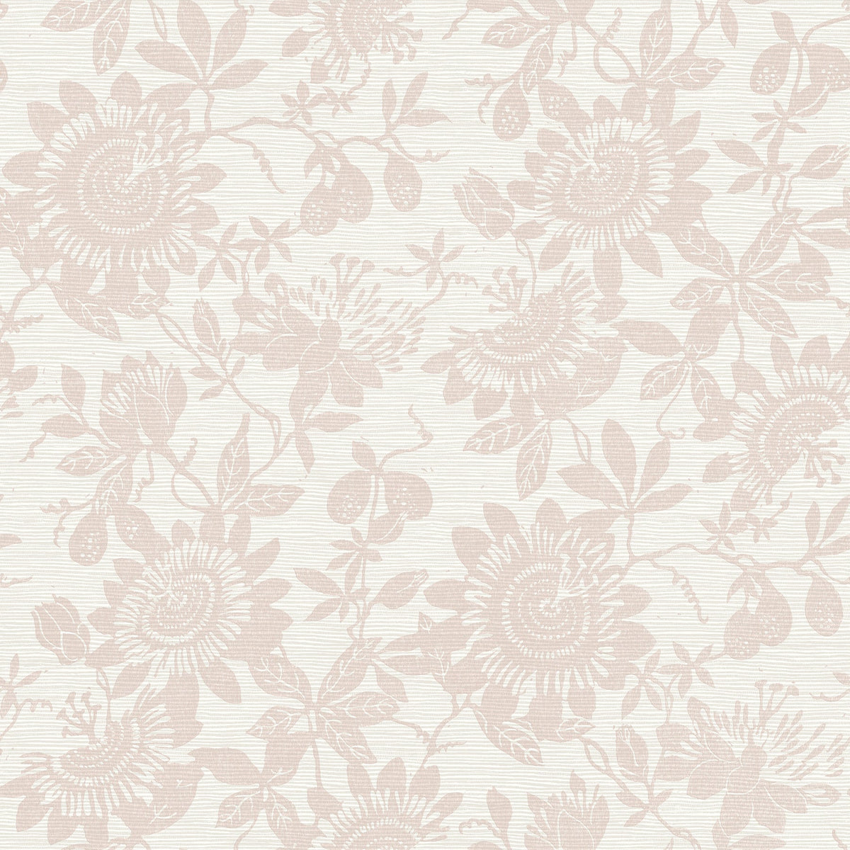 Introducing the Helen Floral Trail Wallpaper by York Wallcoverings, featuring an intricate and delicate beige floral pattern of sunflowers, leaves, and berries set against a textured off-white background for a soft and elegant look.