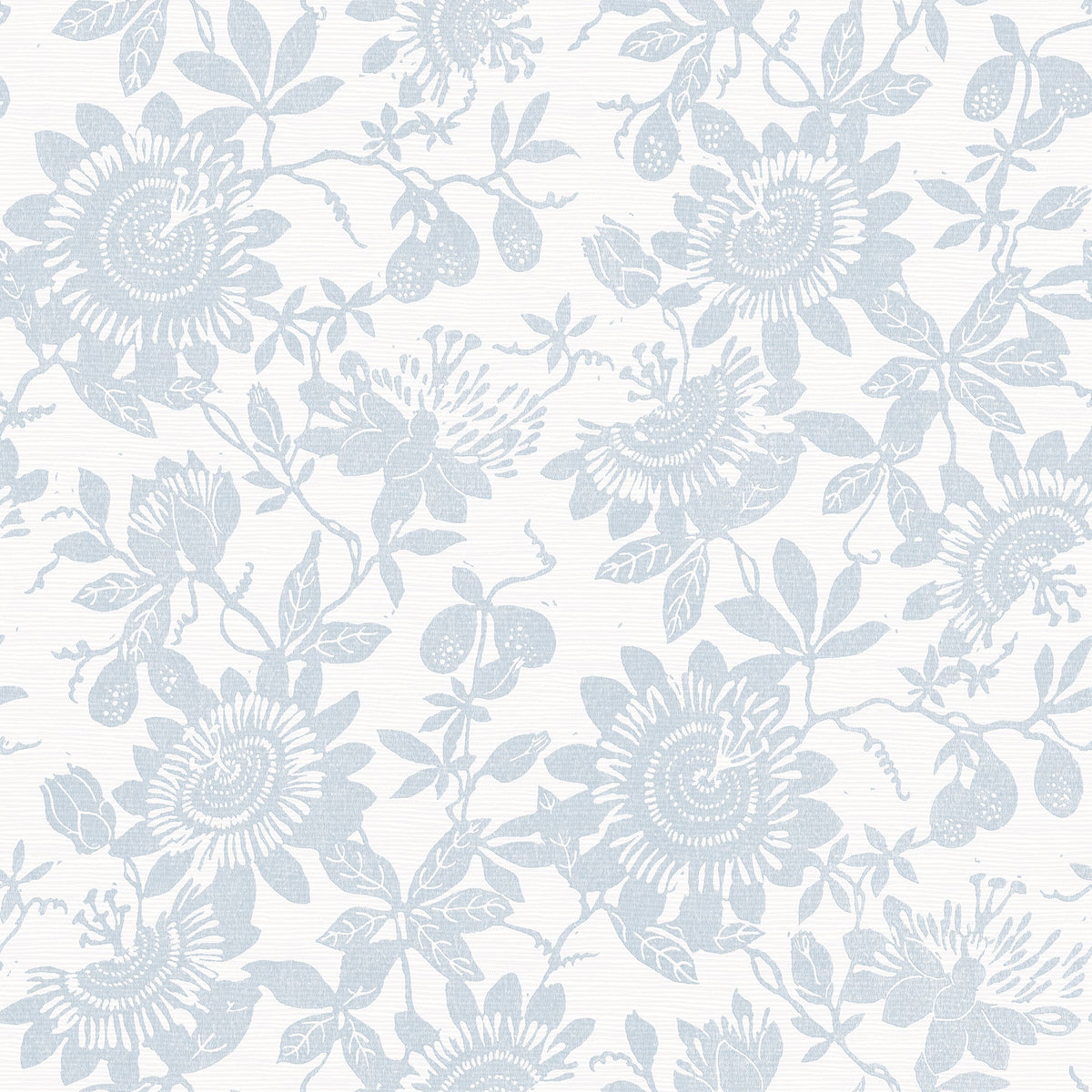 Helen Floral Trail Wallpaper by York Wallcoverings features a delicate, vintage-inspired design with large blooming flowers, leaves, and small fruit in a light blue floral pattern set against a white background.