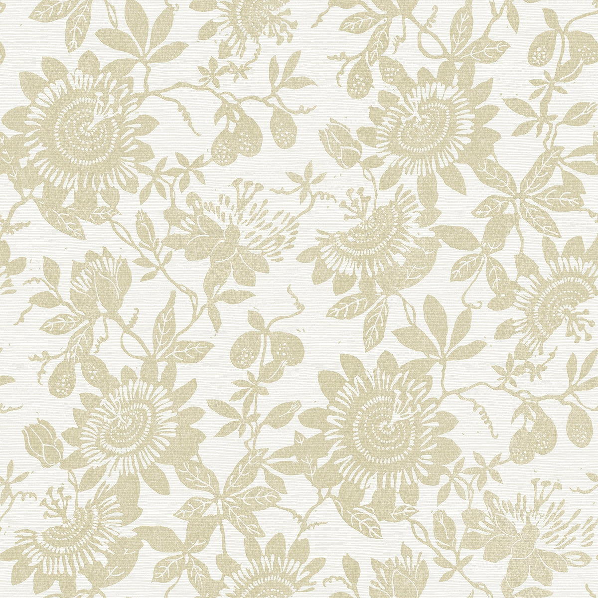 Introducing the Helen Floral Trail Wallpaper by York Wallcoverings: an elegant, vintage-inspired design showcasing detailed passionflowers, leaves, and fruit in a beige floral pattern on a textured off-white background.
