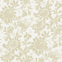 The Helen Floral Trail Wallpaper by York Wallcoverings features a beige floral pattern with blooming flowers, leaves, and small fruits set against a light, textured background. The intricate design repeats seamlessly, evoking a vintage botanical wallpaper effect.