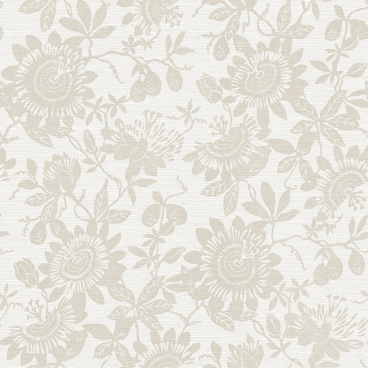 Introducing the Helen Floral Trail Wallpaper by York Wallcoverings, featuring an intricate and symmetrical beige floral pattern of detailed flowers, leaves, and vines on a textured off-white background for a classic and elegant look.