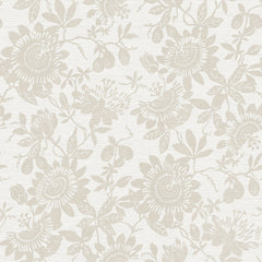 Transform your space with the York Wallcoverings Helen Floral Trail Wallpaper, featuring a beige floral pattern of large stylized flowers, leaves, and small fruits set against a textured light background. This intricate and evenly distributed design creates a subtle, elegant wallpaper effect.